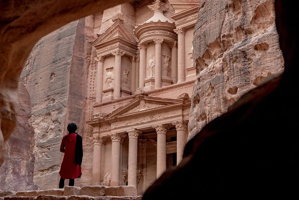 The front of the City of Petra in Jordan surrounded whit stones 